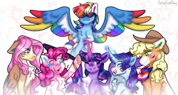 Size: 3369x1804 | Tagged: safe, artist:artistcoolpony, derpibooru import, applejack, fluttershy, pinkie pie, rainbow dash, rarity, twilight sparkle, twilight sparkle (alicorn), alicorn, earth pony, pegasus, pony, unicorn, bilight sparkle, bisexual pride flag, blaze (coat marking), blush scribble, blushing, chest fluff, cloven hooves, coat markings, colored wings, facial markings, female, frog (hoof), glow, glowing horn, hoof fluff, horn, image, lesbian pride flag, long feather, mane six, mare, mealy mouth (coat marking), multicolored wings, pale belly, pansexual pride flag, png, pride, pride flag, pride month, rainbow wings, spread wings, sunglasses, transgender pride flag, underhoof, unshorn fetlocks, wings