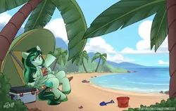 Size: 2660x1680 | Tagged: safe, artist:rivin177, derpibooru import, oc, oc:eden shallowleaf, unofficial characters only, pegasus, pony, beach, blue sky, bucket, bush, chair, cloud, commission, cooler, drink, drinking, food, glass, hill, image, lemon, looking at you, ocean, palm tree, png, raised hoof, sand, scenery, solo, straw in mouth, tea, tree, umbrella, water, waving, wing hands, wing hold, wings