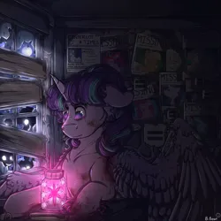 Size: 1000x1000 | Tagged: semi-grimdark, artist:binibean, derpibooru import, applejack, fluttershy, pinkie pie, princess celestia, rainbow dash, rarity, starlight glimmer, twilight sparkle, alicorn, pony, alicornified, exposed bone, female, floppy ears, g4, glow, glowing horn, horn, image, jar, jpeg, mane six, mare, missing poster, race swap, s5 starlight, silhouette, solo focus, starlicorn, stolen cutie marks, stolen wings, twilight sparkle's cutie mark, xk-class end-of-the-world scenario