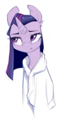 Size: 505x1059 | Tagged: safe, artist:blue ink, derpibooru import, twilight sparkle, pony, unicorn, bathrobe, clothes, female, frown, image, mare, png, robe, simple background, solo, unicorn twilight, white background