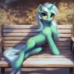 Size: 2880x2880 | Tagged: suggestive, ai content, derpibooru import, machine learning generated, prompter:derp621, stable diffusion, lyra heartstrings, unicorn, bench, blurry background, g4, generator:pony diffusion v6 xl, horn, image, jpeg, prompt in description