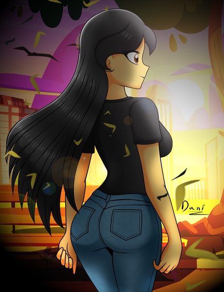 Size: 2888x3758 | Tagged: suggestive, derpibooru import, oc, oc:dany melody, unofficial characters only, human, equestria girls, ass, breasts, busty oc, butt, clothes, denim, female, g4, high res, human oc, image, jeans, pants, png, rear view, signature, smiling, solo, solo female