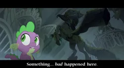 Size: 1280x700 | Tagged: safe, derpibooru import, edit, edited screencap, screencap, spike, classical hippogriff, dragon, hippogriff, my little pony: the movie, caption, g4, image, looking back, male, png, solo, statue, text