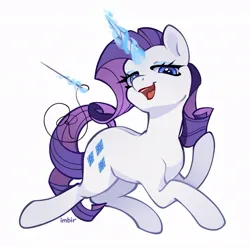 Size: 945x945 | Tagged: safe, artist:imbir, derpibooru import, rarity, pony, unicorn, female, glow, glowing horn, horn, image, jpeg, magic, mare, open mouth, open smile, sewing needle, simple background, smiling, telekinesis, white background