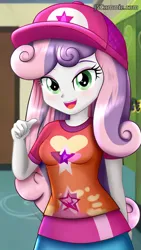 Size: 576x1024 | Tagged: safe, ai content, derpibooru import, generator:jscammie.com, machine learning generated, sweetie belle, equestria girls, cabinet, cap, clothes, denim, door, female, g4, hat, house, image, jeans, looking at you, open mouth, open smile, pants, png, pointing, room, shirt, smiling, t-shirt