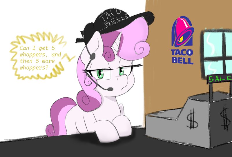 Size: 2472x1674 | Tagged: safe, artist:kenzie, artist:psychix, derpibooru import, sweetie belle, pony, unicorn, cap, cash register, cashier, disappointed, earpiece, fast food, female, filly, foal, food, g4, hat, horn, image, lidded eyes, looking at you, microphone, png, pun, restaurant, solo, speech, sweetie belle is not amused, taco bell, talking, unamused, window