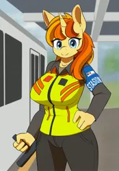 Size: 2855x4096 | Tagged: safe, artist:zeroonesunray, derpibooru import, oc, oc:tulip line, unofficial characters only, anthro, unicorn, baton, clothes, horn, image, jpeg, looking at you, security guard, smiling, smiling at you, solo, station security, train station, uniform