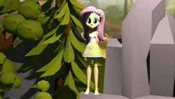 Size: 5760x3240 | Tagged: safe, artist:wissle, derpibooru import, fluttershy, equestria girls, 3d, absurd resolution, arm behind back, atg 2024, barefoot, blender, cute, feet, female, forest, g4, image, jpeg, looking at you, nature, newbie artist training grounds, path, rock, shyabetes, smiling, smiling at you, solo, tree