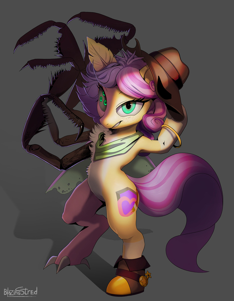 Size: 2617x3366 | Tagged: safe, artist:blazingstred, derpibooru import, oc, oc:phalena rosa, oc:quickdraw, changeling, insect, moth, mothling, original species, antennae, boots, claws, clothes, coat markings, commissioner:dhs, cowboy boots, cowboy hat, deception, disguise, freckles, handkerchief, hat, hoof ring, image, jpeg, messy mane, multiple limbs, multiple pupils, scary, shoes, simple background, smiling, socks (coat marking), species swap, spider legs, tattered, tattered wings, wings