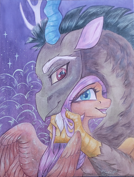 Size: 2228x2953 | Tagged: safe, artist:jsunlight, derpibooru import, discord, fluttershy, draconequus, pegasus, pony, discoshy, female, image, male, png, shipping, straight, traditional art, watercolor painting