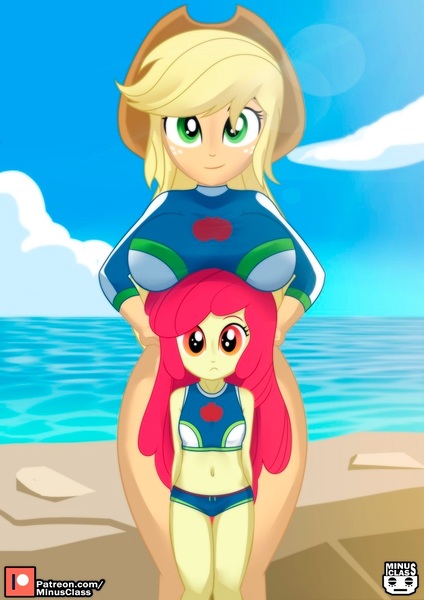 Size: 707x1000 | Tagged: suggestive, alternate version, artist:minusclass, derpibooru import, apple bloom, applejack, human, equestria girls, 2d, alternate character, applejack's beach shorts swimsuit, applejack's hat, beach, belly button, boobhat, breasts, busty applejack, clothes, cloud, concave belly, cowboy hat, cutie mark, cutie mark on clothes, day, female, female focus, freckles, g4, hand on hip, hat, height difference, image, jpeg, looking at you, midriff, ocean, patreon, patreon logo, siblings, sisters, sky, smiling, smiling at you, solo focus, water, wide hips