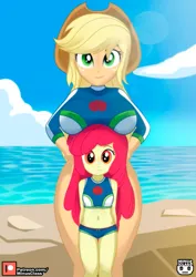 Size: 707x1000 | Tagged: suggestive, alternate version, artist:minusclass, derpibooru import, apple bloom, applejack, human, equestria girls, 2d, alternate character, applejack's beach shorts swimsuit, applejack's hat, beach, belly button, boobhat, breasts, busty applejack, clothes, cloud, concave belly, cowboy hat, cutie mark, cutie mark on clothes, day, female, female focus, freckles, g4, hand on hip, hat, height difference, image, jpeg, looking at you, midriff, ocean, patreon, patreon logo, siblings, sisters, sky, smiling, smiling at you, solo focus, water, wide hips