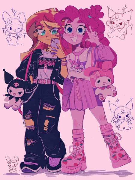 Size: 1536x2048 | Tagged: safe, alternate version, artist:dreamz, derpibooru import, pinkie pie, sunset shimmer, human, rabbit, equestria girls, animal, blush sticker, blushing, clothes, duo, duo female, ear piercing, eyebrows, female, g4, harajuku, image, jpeg, kuromi, looking at you, mobile phone, my melody, pants, peace sign, phone, piercing, pink background, platform boots, ripped pants, sanrio, shadow, simple background, smiling, smiling at you, sparkles, torn clothes