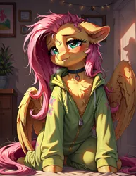 Size: 1000x1296 | Tagged: safe, ai content, derpibooru import, machine learning generated, prompter:lagerai, stable diffusion, fluttershy, pegasus, pony, blush lines, blushing, chest fluff, choker, female, g4, generator:pony diffusion v6 xl, heavy breathing, image, indoors, looking at you, messy mane, onesie, png, sitting, smiling, smiling at you, solo, sunset, tail, unzipped, wings