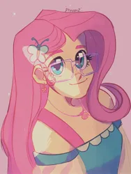 Size: 1536x2048 | Tagged: safe, artist:dreamz, derpibooru import, fluttershy, equestria girls, clothes, commission, cute, dress, ear piercing, earring, female, g4, glasses, image, jewelry, jpeg, necklace, piercing, pink background, shyabetes, simple background, solo