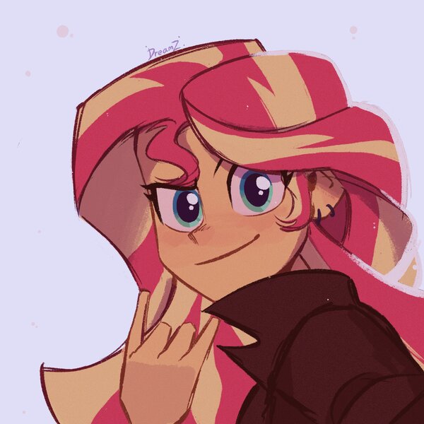 Size: 2048x2048 | Tagged: safe, artist:dreamz, derpibooru import, sunset shimmer, human, equestria girls, blue background, blushing, bust, clothes, devil horn (gesture), ear piercing, earring, female, g4, image, jacket, jewelry, jpeg, looking at you, piercing, signature, simple background, smiling, smiling at you, solo