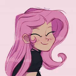 Size: 2048x2048 | Tagged: safe, artist:dreamz, derpibooru import, fluttershy, human, equestria girls, blushing, bust, ear piercing, eyes closed, female, g4, image, jpeg, looking at you, piercing, pink background, signature, simple background, smiling, smiling at you, solo