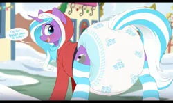 Size: 3556x2099 | Tagged: suggestive, artist:shuphle, derpibooru import, oc, oc:whistle stop, unofficial characters only, pony, unicorn, christmas, christmas eve, clothes, coat, cold, cold weather, diaper, diaper fetish, diapered, female, fetish, g4, hearth's warming, hearth's warming eve, holiday, hoodie, horn, image, impossibly large diaper, jacket, jolly, mare, non-baby in diaper, png, ponyville, poofy diaper, snow, snowfall, snowy, socks, striped socks, village, weather, white diaper, winter