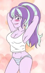 Size: 1267x2048 | Tagged: suggestive, artist:sumin6301, derpibooru import, starlight glimmer, human, equestria girls, 2d, arm behind head, armpits, bangs, belly button, blushing, breasts, busty starlight glimmer, clothes, concave belly, eyeshadow, female, g4, grin, image, jpeg, lipstick, looking at you, makeup, midriff, nervous, nervous grin, panties, ponytail, sideburns, smiling, smiling at you, solo, striped panties, striped underwear, underwear