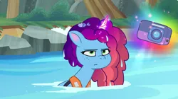 Size: 3200x1795 | Tagged: safe, derpibooru import, screencap, fish, g5, my little pony: tell your tale, spoiler:g5, spoiler:my little pony: tell your tale, spoiler:tyts02e14, image, misty brightdawn, misty brightdawn is not amused, png, solo, swing and a misty, unamused, wet, wet mane
