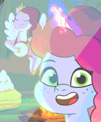 Size: 682x826 | Tagged: safe, derpibooru import, screencap, pipp petals, pegasus, pony, unicorn, g5, my little pony: tell your tale, spoiler:g5, spoiler:my little pony: tell your tale, spoiler:tyts02e14, banjo, female, gif, horn, image, misty brightdawn, musical instrument, night, open mouth, selfie, singing, swing and a misty