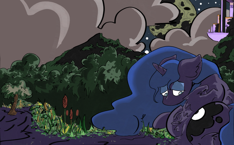 Size: 1411x877 | Tagged: safe, artist:ponny, derpibooru import, princess luna, alicorn, pony, canterlot, cloud, colored, forest, g4, image, moon, nature, night, png, sad, solo, tree, water