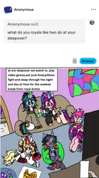 Size: 1180x2124 | Tagged: safe, artist:ask-luciavampire, derpibooru import, oc, alicorn, pegasus, pony, undead, unicorn, vampire, vampony, ask, food, horn, image, png, sleepover, tumblr