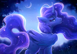 Size: 2000x1410 | Tagged: safe, artist:scheadar, derpibooru import, princess luna, alicorn, pony, blue eyes, blue mane, blue tail, concave belly, crepuscular rays, crescent moon, curved horn, digital art, empress, ethereal mane, ethereal tail, eyelashes, feather, female, flowing mane, flowing tail, folded wings, forest, g4, glow, grass, high res, horn, image, jpeg, large wings, lidded eyes, looking at you, mare, moon, moonlight, nature, night, raised hoof, signature, sketch, sky, slender, solo, sparkles, starry mane, starry tail, stars, sternocleidomastoid, tail, thin, tree, walking, wings