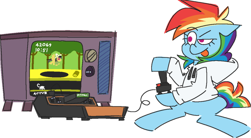 Size: 1195x659 | Tagged: safe, artist:threetwotwo32232, derpibooru import, daring do, rainbow dash, pegasus, pony, atari 2600, atg 2024, female, g4, image, mare, newbie artist training grounds, pitfall, png, simple background, solo, television, transparent background