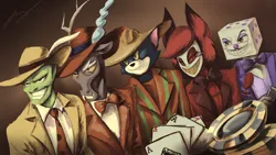 Size: 2732x1537 | Tagged: safe, artist:musical ray, derpibooru import, discord, human, alastor, cuphead, hazbin hotel, humanized, image, king dice, playing card, png, poker chips, the mask, tom (tom and jerry), tom and jerry