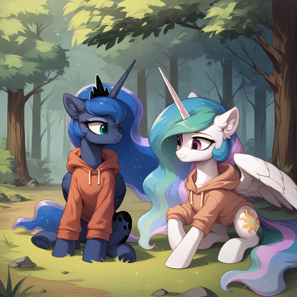 Size: 2048x2048 | Tagged: safe, ai content, derpibooru import, generator:autismmixpony, machine learning generated, prompter:liladash, stable diffusion, princess celestia, princess luna, alicorn, pony, clothes, crown, cute, duo, duo female, ear fluff, female, forest, forest background, g4, hoodie, horn, image, jewelry, png, regalia, siblings, sisters, sitting, tree, wings