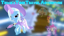 Size: 1280x720 | Tagged: safe, artist:puzzlshield2, derpibooru import, izzy moonbow, pinkie pie, sunny starscout, trixie, twilight sparkle, pony, unicorn, fanfic, fanfic:trixie's time travel adventure, g1, g5, my little pony: a new generation, my little pony: make your mark, cape, clarinet, clothes, crossover, crystal brighthouse, fanfic art, fimfiction, g4, generation leap, hat, image, magic, magic aura, musical instrument, nickelodeon, png, sb-129, spongebob squarepants, squidward tentacles, time travel, trixie's cape, trixie's hat, unicorn twilight, wand