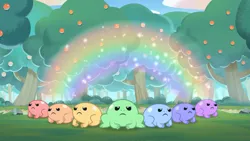 Size: 1366x768 | Tagged: safe, derpibooru import, screencap, frog, g5, my little pony: tell your tale, spoiler:g5, spoiler:my little pony: tell your tale, spoiler:tyts02e14, forest, grass, image, nature, png, rainbow, swing and a misty, tree