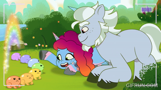 Size: 520x293 | Tagged: safe, derpibooru import, screencap, frog, pony, unicorn, g5, my little pony: tell your tale, spoiler:g5, spoiler:my little pony: tell your tale, spoiler:tyts02e14, alphabittle blossomforth, animated, camera shot, female, gif, gifrun.com, head pat, horn, image, male, mare, misty brightdawn, pat, patting, petting, rainbow, recording, stallion, swing and a misty, unamused