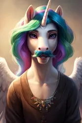 Size: 512x768 | Tagged: safe, ai content, derpibooru import, machine learning generated, prompter:chillyhooves, stable diffusion, princess celestia, alicorn, anthro, clothes, facial hair, image, jpeg, meme, moustache, nigel thornberry, smashing (meme), solo, wat