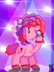 Size: 1620x2160 | Tagged: safe, artist:jesslmc16, derpibooru import, pegasus, pony, g5, my little pony: make your mark, bracelet, bridlewoodstock (make your mark), colored wings, cutie mark, digital art, dreadlocks, eyes closed, fanart, female, flower, flower in hair, image, jewelry, lens flare, microphone, multicolored hair, multicolored mane, multicolored wings, my little pony: make your mark chapter 4, necklace, png, ruby jubilee, signature, singing, smiling, solo, spotlight, spread wings, wings