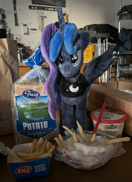 Size: 3638x5020 | Tagged: safe, derpibooru import, princess luna, bread, dairy queen, food, french fries, image, irl, photo, plushie, png, solo, waifu dinner