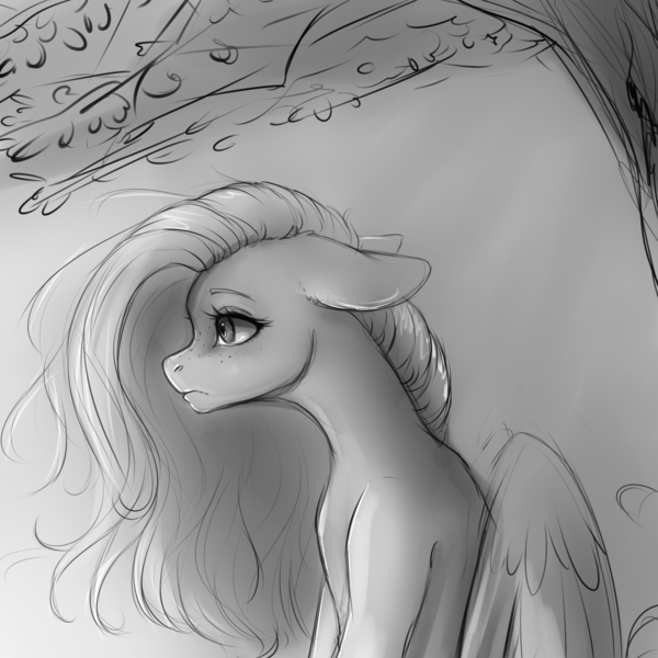 Size: 4000x4000 | Tagged: safe, artist:miokomata, derpibooru import, fluttershy, pegasus, pony, female, floppy ears, flowing mane, freckles, freckleshy, frown, g4, grayscale, image, mare, monochrome, png, solo, tree, vulgar