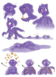 Size: 2980x4117 | Tagged: safe, artist:blazingstred, derpibooru import, oc, oc:jellene, goo, goo pony, original species, blocks, bubble, confused, eating, happy, image, jpeg, laughing, looking at you, looking down, looking up, munching, ooze, purple mane, sad, sketch, sketch dump, slime, sword, trail, weapon