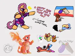 Size: 2160x1620 | Tagged: safe, artist:felixmcfurry, derpibooru import, apple bloom, rainbow dash, scootaloo, sweetie belle, oc, oc:dukedepthstar, charmeleon, earth pony, pegasus, unicorn, the show stoppers, ..., :p, calm before the storm perchance drama lover flag, candle, cbts pdl flag, colored, curly toes (song), cutie mark crusaders, drug use, drugs, earth pony oc, exclamation point, fire, fire breath, flag, flag over shoulder, flat colors, g4, horn, image, lostwave, marijuana, png, pokémon, praying, singing, sketch, sketch dump, tongue out, unidentified oc, unreadable text, watermark, weird description