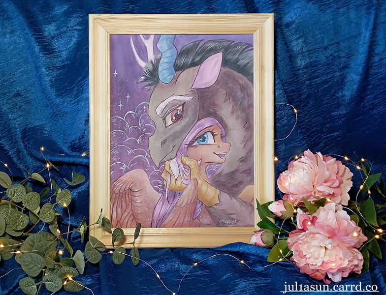 Size: 2868x2194 | Tagged: safe, artist:jsunlight, derpibooru import, discord, fluttershy, draconequus, pegasus, pony, auction, craft, duo, duo male and female, fairy lights, female, flower, g4, hug, image, male, mare, open mouth, open smile, photo, picture frame, png, smiling, sparkly eyes, traditional art, watercolor painting, wingding eyes