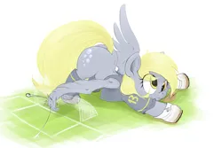 Size: 3000x2000 | Tagged: safe, artist:ponerino, derpy hooves, pegasus, pony, 4chan cup, colored, cute, derpabetes, digital art, drawthread, face down ass up, football, giant pony, high res, image, macro, png, safest hooves, soccer field, soccer shoes, sports