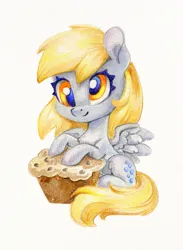 Size: 879x1200 | Tagged: safe, artist:maytee, derpibooru import, derpy hooves, pegasus, pony, chibi, food, g4, image, muffin, png, simple background, sitting, solo, traditional art