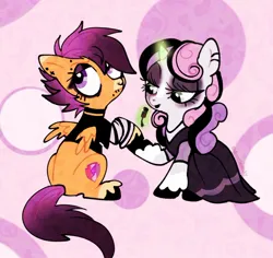 Size: 1070x1009 | Tagged: safe, artist:doodlesinky, derpibooru import, apple bloom, scootaloo, sweetie belle, pegasus, pony, unicorn, abstract background, clothes, cutie mark crusaders, dress, duo, duo female, ear piercing, emo, female, filly, foal, g4, horn, image, jpeg, nail polish, piercing