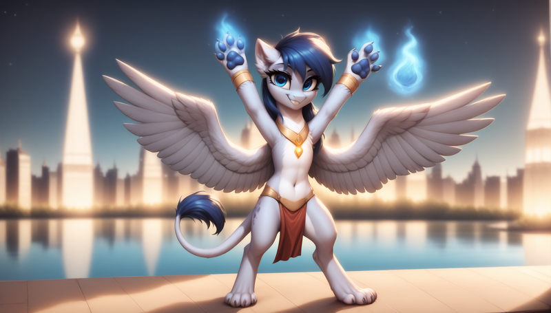 Size: 3600x2048 | Tagged: safe, ai content, derpibooru import, machine learning generated, prompter:pzkratzer, stable diffusion, oc, oc:night cloud, unofficial characters only, semi-anthro, sphinx, adorasexy, belly button, belly dancer, belly dancer outfit, bipedal, clothes, cute, female, image, magic, magic aura, paw pads, paws, png, prompt in description, sexy, simple background, sketch, smiling, solo, sphinx oc, spread wings, teeth, underpaw, white background, wings