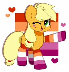 Size: 1962x2048 | Tagged: safe, artist:kittyrosie, derpibooru import, part of a set, applejack, earth pony, pony, blush lines, blushing, clothes, cute, female, floating heart, g4, hair tie, heart, heart eyes, heart mark, image, jackabetes, jpeg, lesbian pride flag, looking at you, mare, missing accessory, missing cutie mark, mouthpiece, one eye closed, open mouth, open smile, passepartout, pointing, politics, ponytail, pride, pride flag, pride month, pride socks, shadow, signature, simple background, smiling, smiling at you, socks, solo, sparkles, sparkly hair, standing, striped socks, tied hair, white background, wingding eyes, wink, winking at you