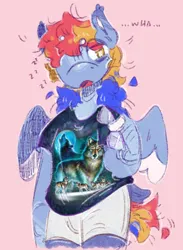 Size: 1437x1968 | Tagged: safe, artist:tottallytoby, derpibooru import, rainbow dash, anthro, pegasus, pony, alternate design, alternate eye color, alternate hairstyle, alternate mane color, alternate tail color, bags under eyes, beanbrows, blaze (coat marking), blue coat, blue hooves, boyshorts, clothes, coat markings, colored, colored eartips, colored eyebrows, colored hooves, colored pinnae, colored wings, colored wingtips, dialogue, ear tufts, eye clipping through hair, eyebrows, eyebrows visible through hair, facial markings, female, funny shirt, g4, hoof hands, hooves, image, jpeg, lidded eyes, long mane, mare, messy mane, morning ponies, motion lines, onomatopoeia, panties, pink background, purple text, raised hand, shirt, short tail, shoulder fluff, simple background, sleepwear, small wings, solo, sound effects, spread wings, standing, t-shirt, tail, talking, text, three toned mane, three toned tail, tri-color mane, tri-color tail, tri-colored mane, tri-colored tail, tricolor mane, tricolor tail, tricolored mane, tricolored tail, two toned wings, underwear, white pupils, wings, yellow eyes, zzz