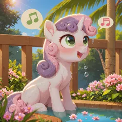 Size: 2048x2048 | Tagged: safe, ai content, artist:venisoncreampie, derpibooru import, machine learning assisted, machine learning generated, stable diffusion, sweetie belle, pony, unicorn, bath, blushing, bubble, cute, diasweetes, female, filly, foal, g4, generator:pony diffusion v6 xl, horn, image, open mouth, open smile, png, singing, smiling, solo, water, wet, wet mane, wholesome