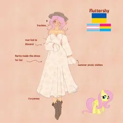 Size: 2048x2048 | Tagged: safe, artist:cryweas, derpibooru import, fluttershy, human, pegasus, pony, alternate hairstyle, blushing, boots, clothes, cute, cyrillic, dress, female, freckles, hat, humanized, image, implied discord, implied discoshy, implied rarity, implied shipping, implied straight, jewelry, jpeg, mare, necklace, pansexual, pansexual pride flag, pink background, pride, pride flag, reference sheet, shoes, shyabetes, simple background, solo, sun hat, trans female, trans fluttershy, transgender, transgender pride flag, ukraine, ukrainian