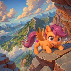 Size: 2048x2048 | Tagged: safe, ai content, artist:venisoncreampie, derpibooru import, machine learning assisted, machine learning generated, stable diffusion, scootaloo, pegasus, pony, blushing, climbing, cloud, female, filly, foal, generator:pony diffusion v6 xl, image, mountain, mountain range, open mouth, png, rock climbing, sky, solo, spread wings, sweat, wings